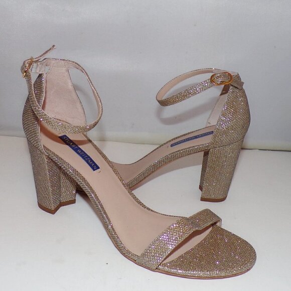 Stuart Weitzman Nearlynude Block-Heel Glitter Sandals Gold Shoes US 10.5… - Picture 3 of 6